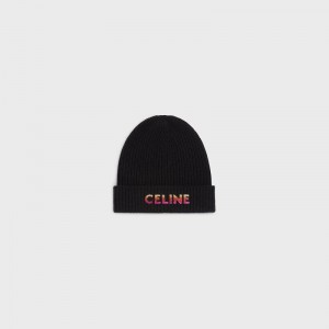 Celine Embroidered Beanie In Geribbeld Wol Hoed Zwart | CL-591718