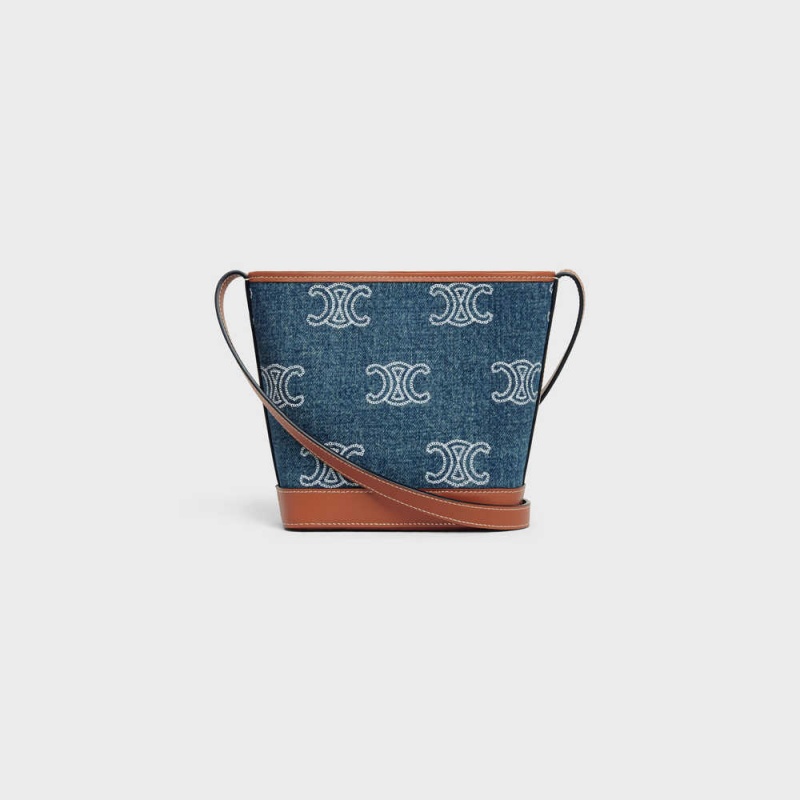 Celine Bucket Cuir Triomphe In Denim With Triomphe All-over Embroidery And Calfskin Mini Tassen Donkerblauw Bruin | CL-593041