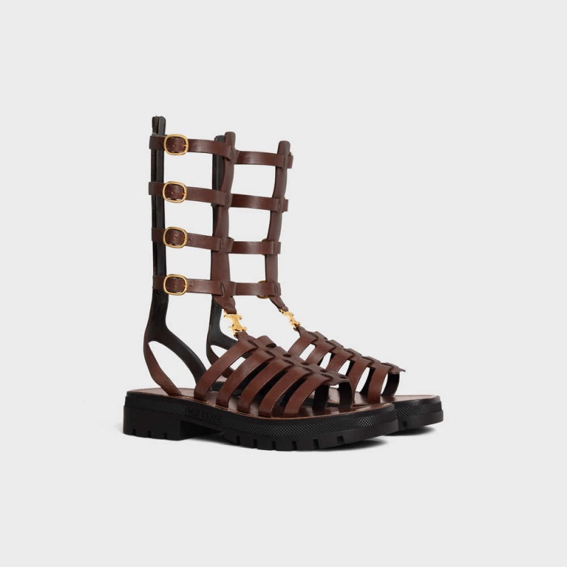 Celine Clea Triomphe Gladiator Mid In Calfskin & Vegetal Tanning Sandalen Donkerbruin | CL-592576