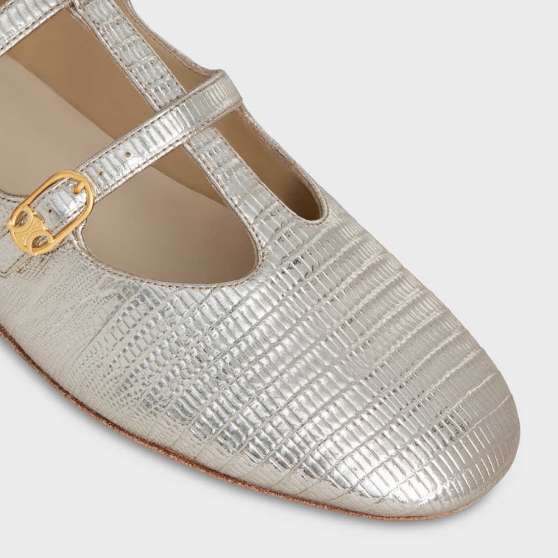 Celine Les Ballerines Double Riemen Mary Jane Ballerina In Lizard Stamped Metalized Calfskin Loafers Zilver | CL-592534