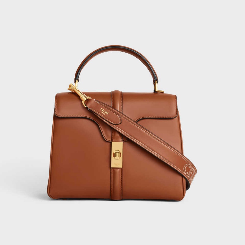 Celine Long Riemen In Smooth Calfskin With Embroidery With Gold Finishing Kleine Lederwaren Bruin | CL-592903