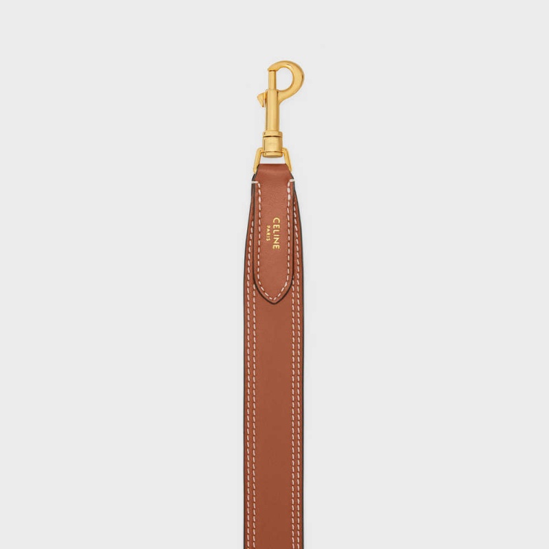 Celine Long Riemen In Smooth Calfskin With Embroidery With Gold Finishing Kleine Lederwaren Bruin | CL-592903